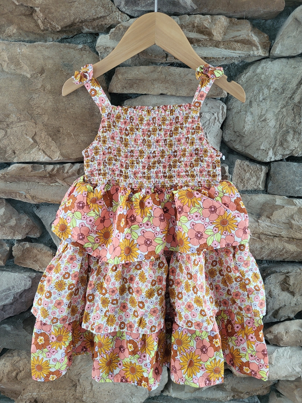 wonder nation Pink and Yellow Floral Tiered Dress 4T Summer Fall
